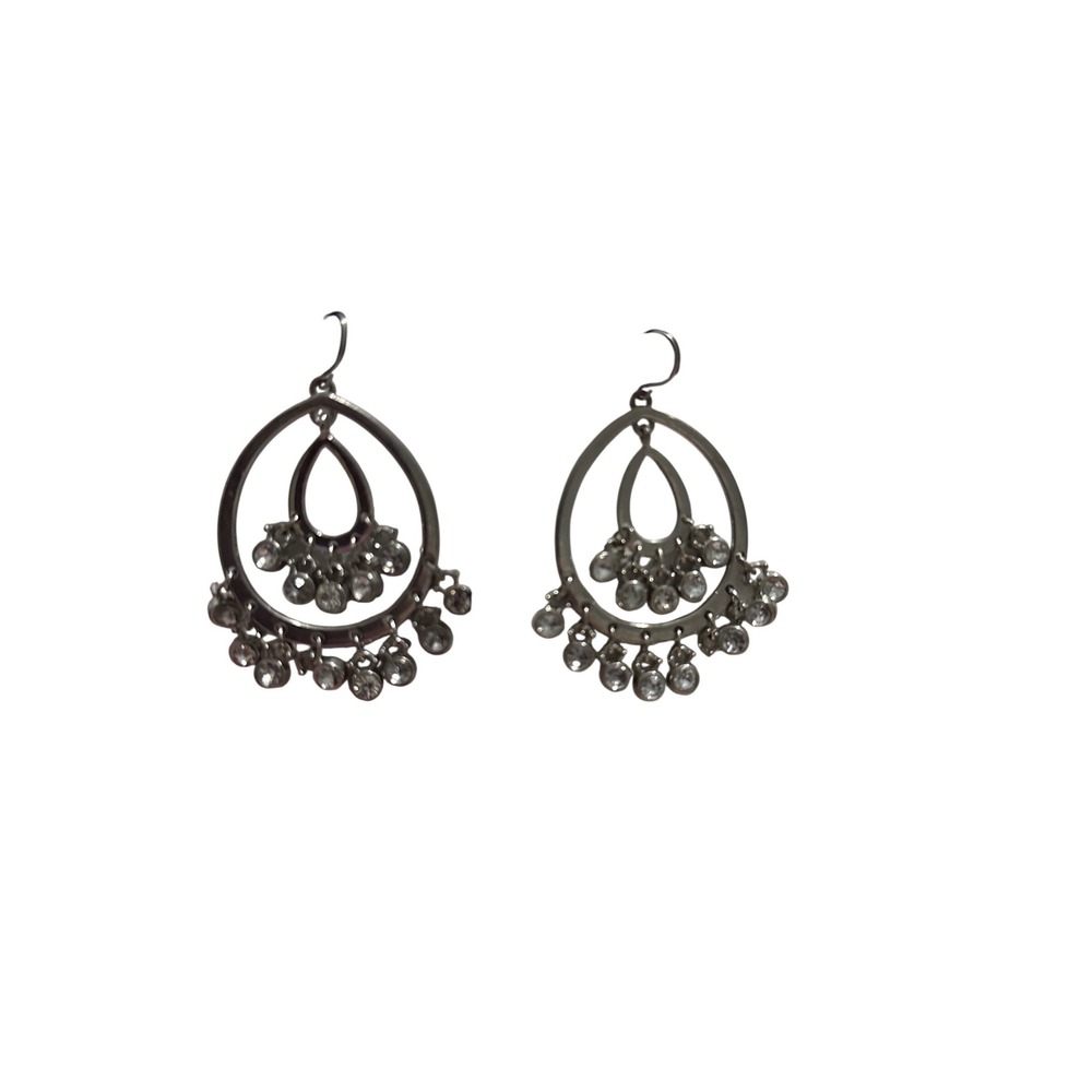 Silver Teardrop Chandelier Earrings Clear Rhinestone Dangle Boho Glam Jewelry